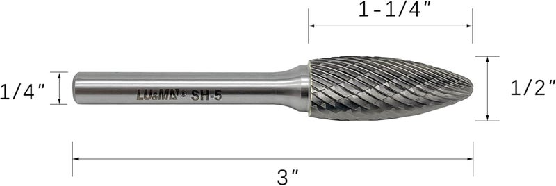 LU&MN SH-5 Tungsten Carbide Burr Rotary File Flame Shape Double Cut (1/2” Cutter Dia X 1-1/4”Cutter Length) with 1/4'' Shank Dia,3PCS - Image 2